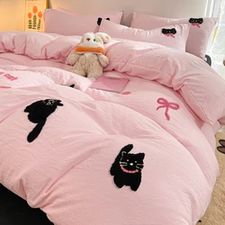 Korean Style Pink Bedding Set Black Cat Embroidery Washed Cotton  Duvet Cover Cute Cardboard  Bed linen Comforter Sets