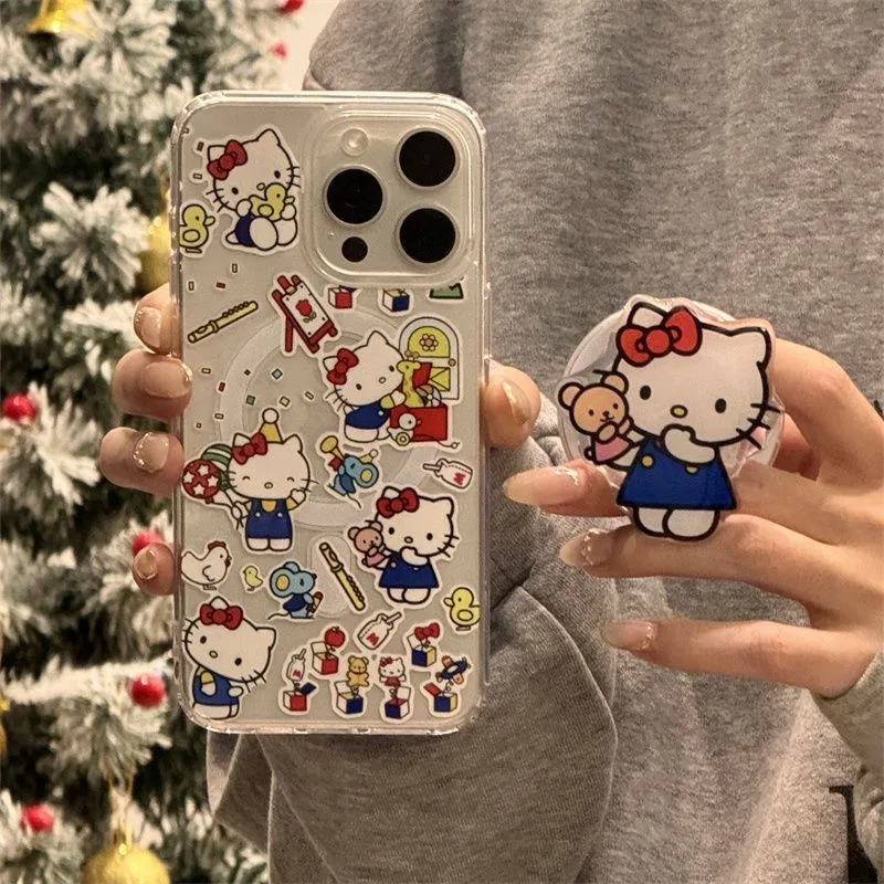 Cute Cartoon Painting Hello Kitty Bear Magnetic Holder Magsafe Wireless Charge Case For iPhone 16 13 12 11 14 15Pro Max XR Cover