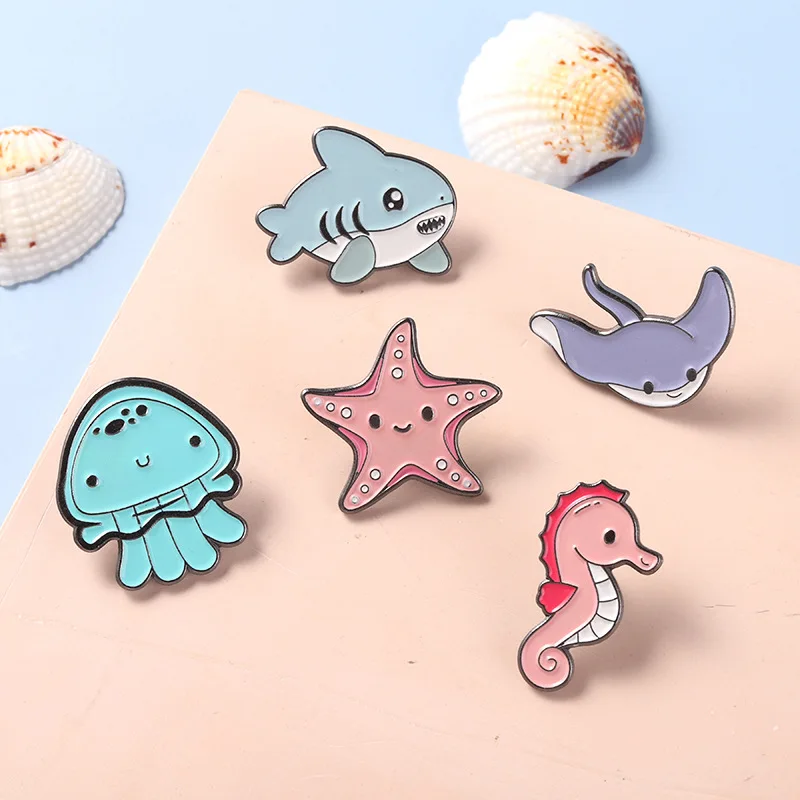 marine shark Jellyfish seahorse carton metal design Badges Brooch Enamel Pins label Bag Backpack hat Jewelry unisex gift