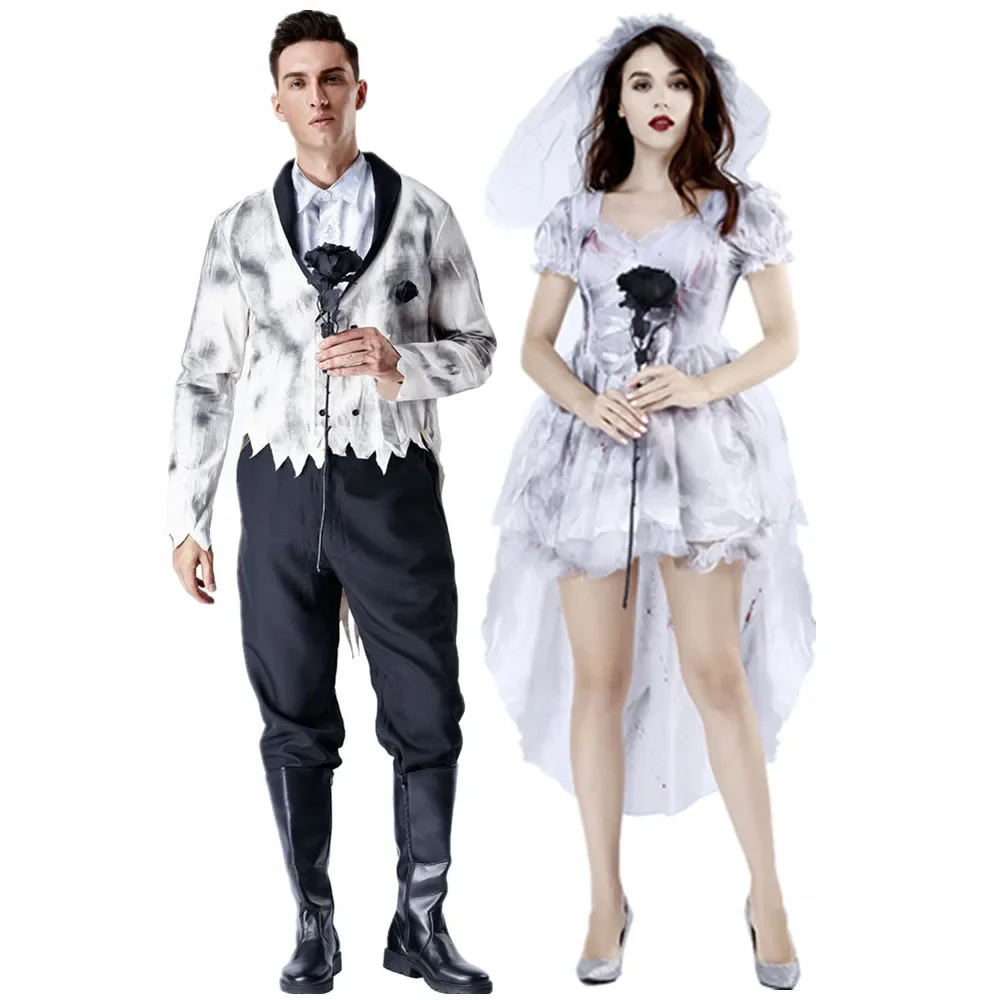 

Adult Halloween Horror Gothic Ghost Bride Groom Couple Role Playing Costume Dress Suit Carnival Party Zombie Vampire Masquerade