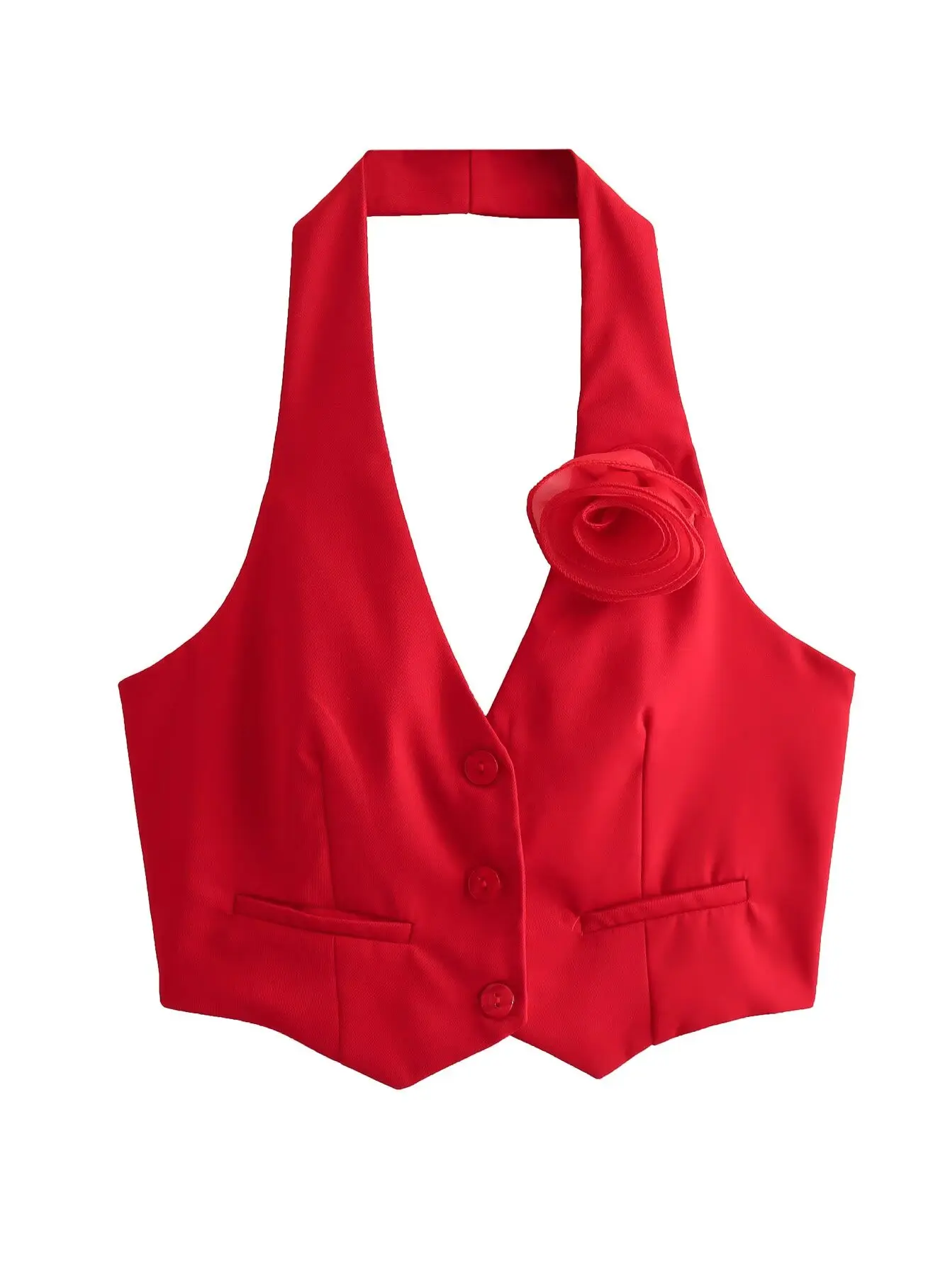 سترة طويلة الصدر واحدة للنساء ، سترة بيضاء الرسن للسيدات ، قمم المحاصيل بلا أكمام ، تصميم زهرة عصرية ، CT4438 #3