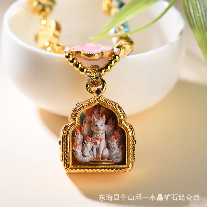 New Chinese Tibetan Style Hand Painted 3D Nine Tailed Fox Thangka Pendant Necklace Sweater Chain Neckwear Gifts