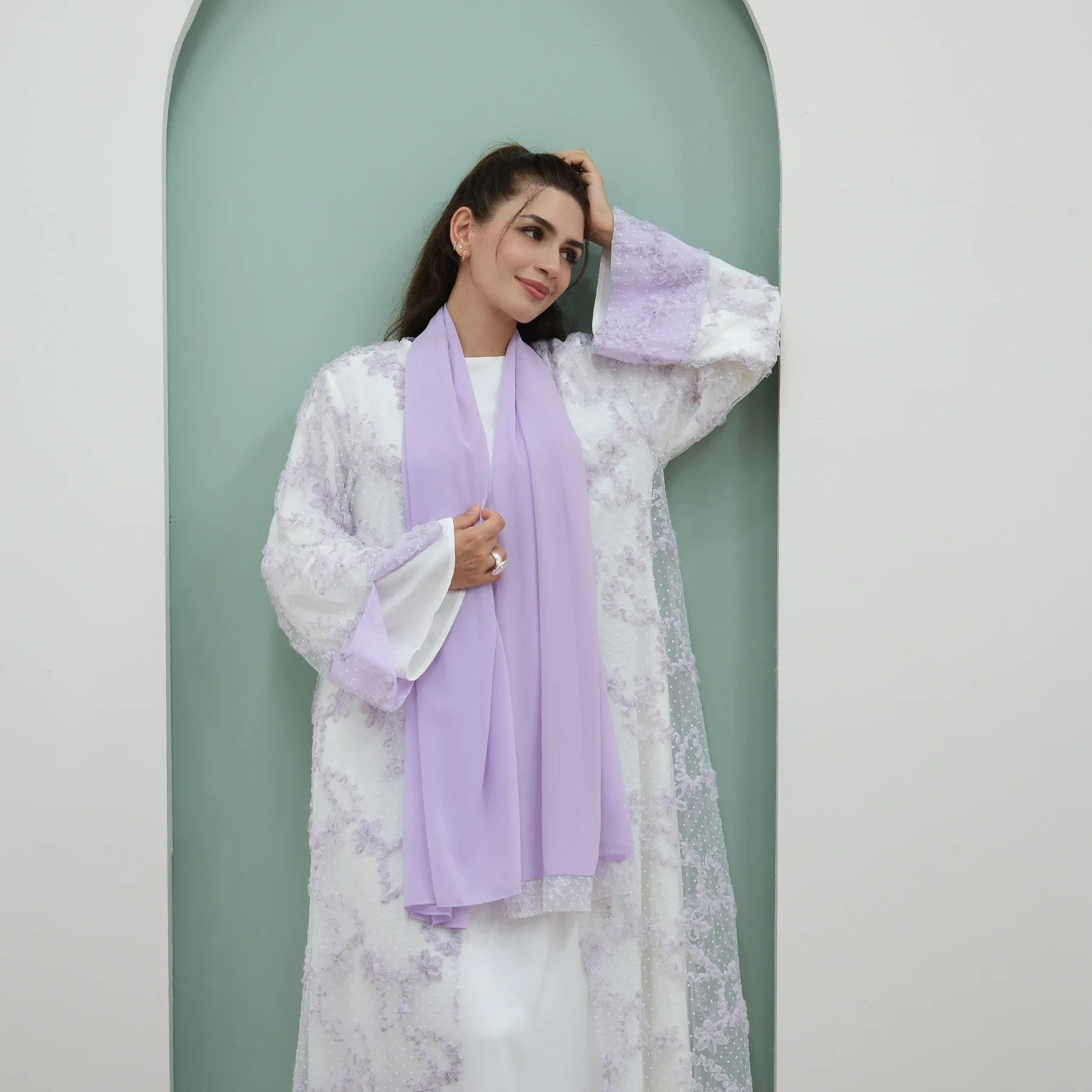 

Floral Lace Open 3 Piece Abaya Set with Nida Inner Dress Chiffon Hijab Modest 2025 Muslim Women Islamic Wholesale Abayas