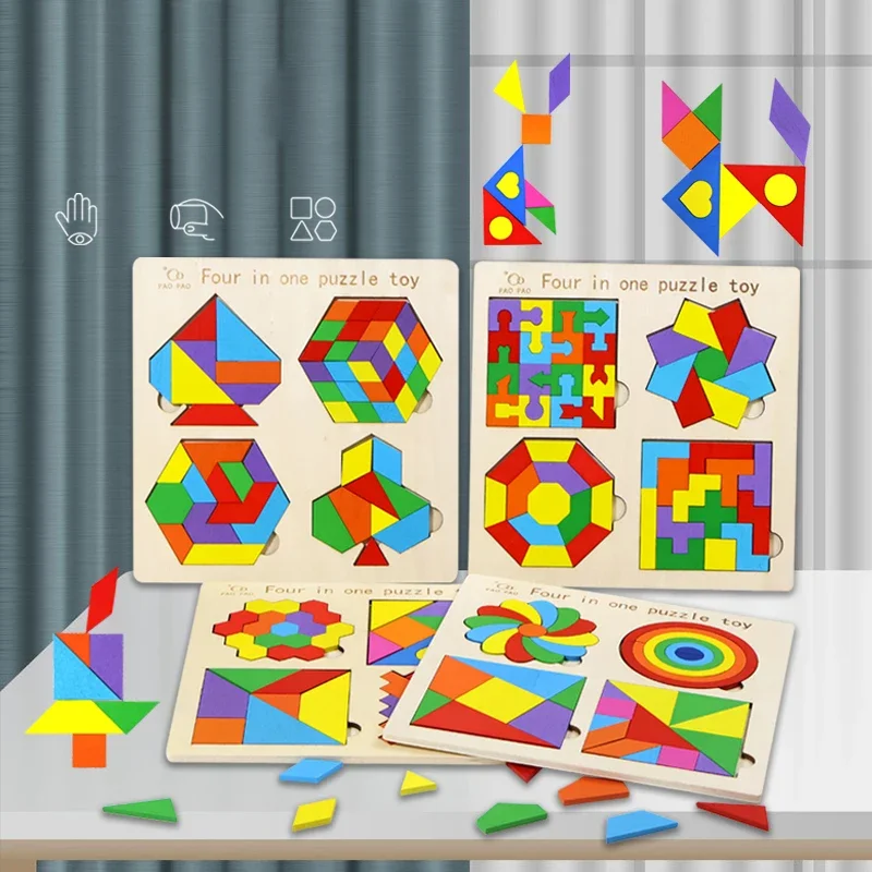 

4 в 1, деревянные головоломки Монтессори Танграм, игрушки геометрической формы, красочные познавательные головоломки, деревянные строительные блоки, подарки для детей