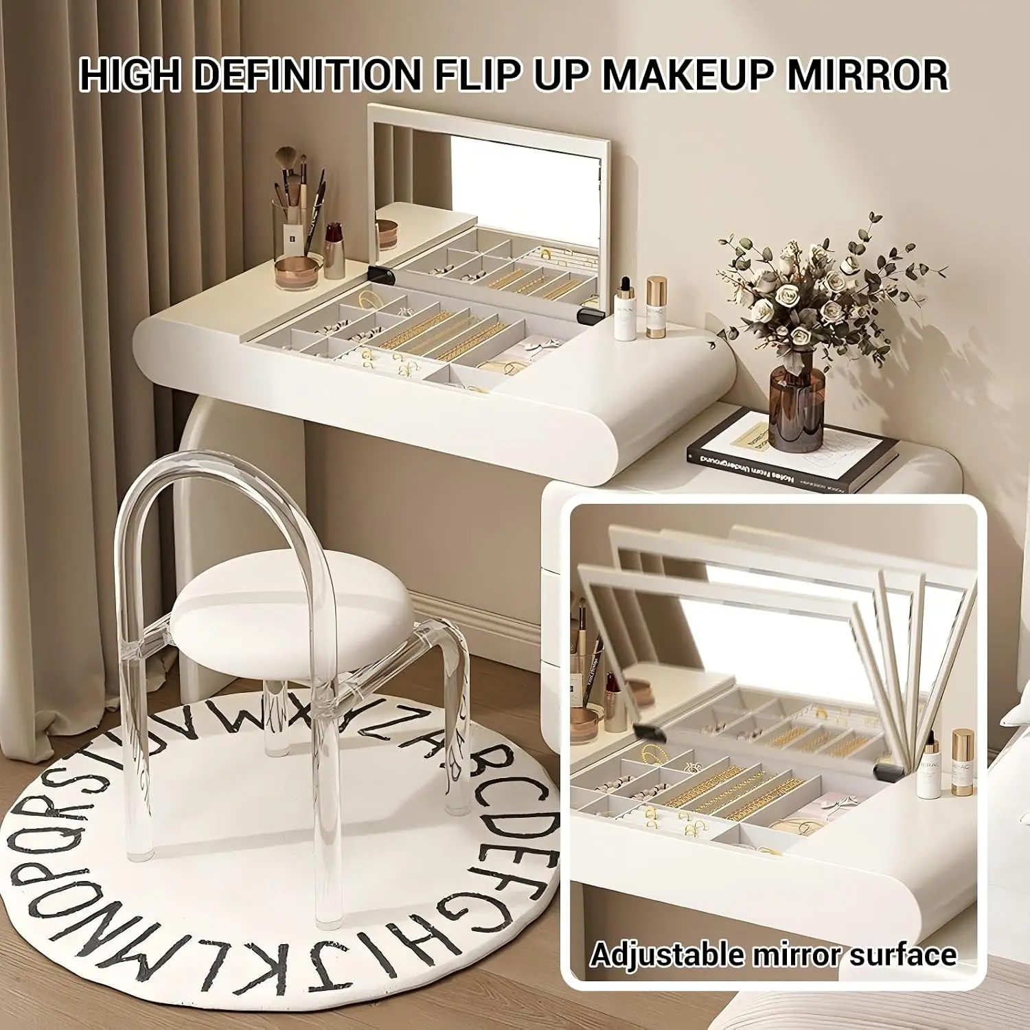 Solid Wood Vanities Set, Makeup Vanity Table with Extendable Side Cabinet and Smooth Desktop, Modern Dressing Table with HD Make