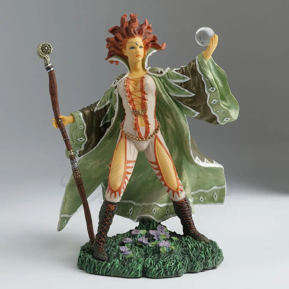 Fantasy Female Sorceress Statue Resin Wizard Figurine with Staff and Crystal Ball Home Office Living Room Decorative Ornament