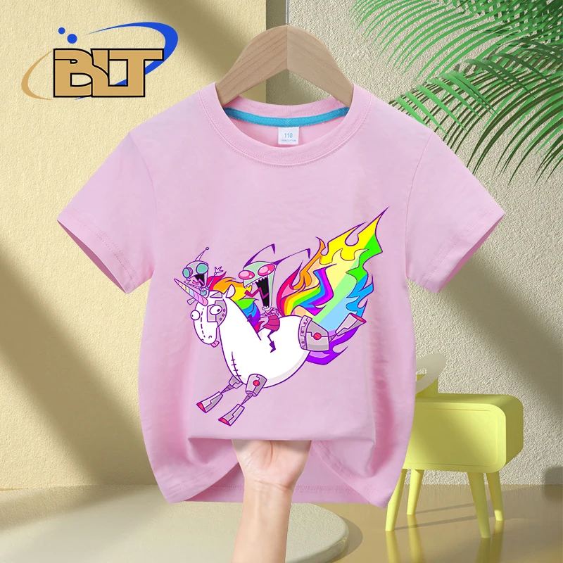 T-shirt de manga curta com estampa unicórnio para menino e menina, top casual algodão, verão