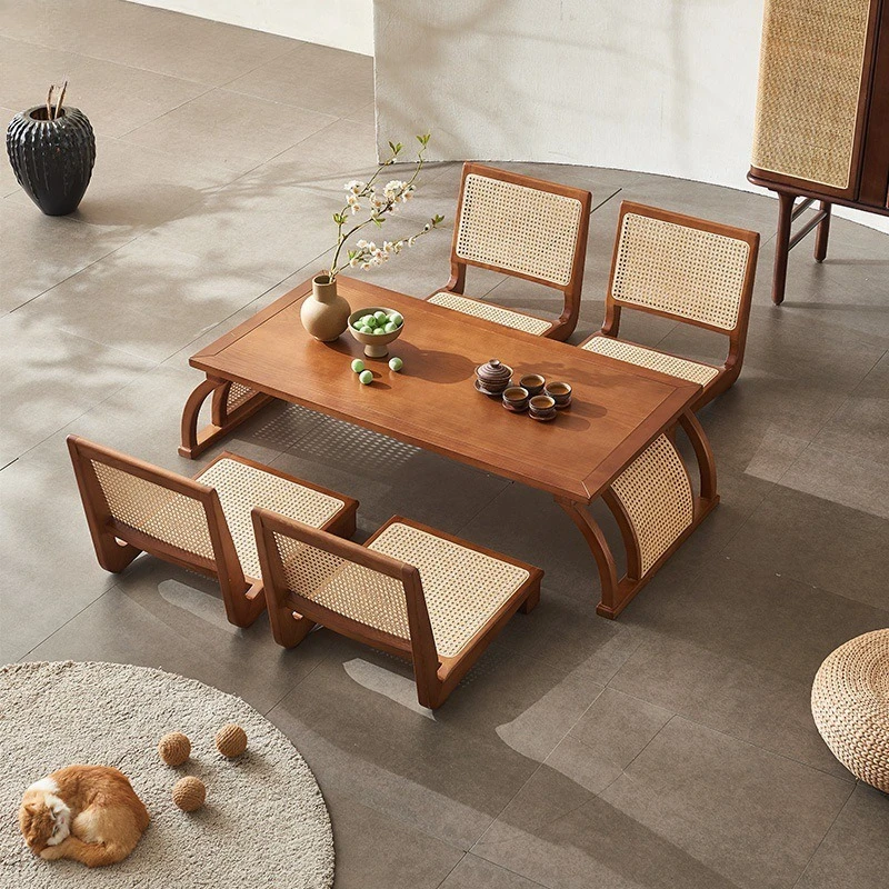 High-end Chinese Style Coffee Tables Solid Wood Rattan Woven Tatami Coffee Tables Japanese-style Small Furniture ChaJi JT40C