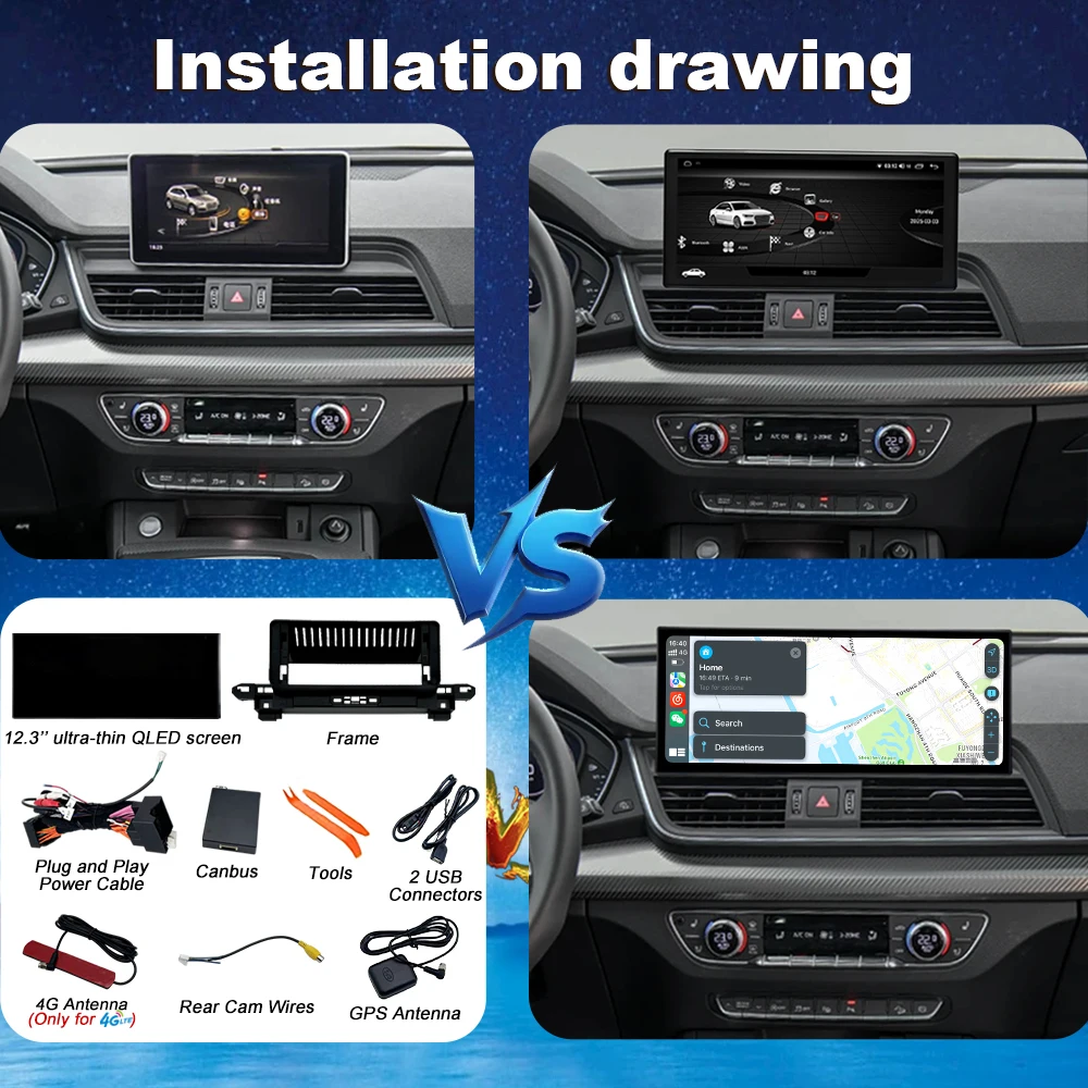 Left-Right Driving General Wireless Carplay For Audi Q5L 2018 2019 2020 Touch Screen 4G WIFI DSP Car Stereo GPS Android AUTO