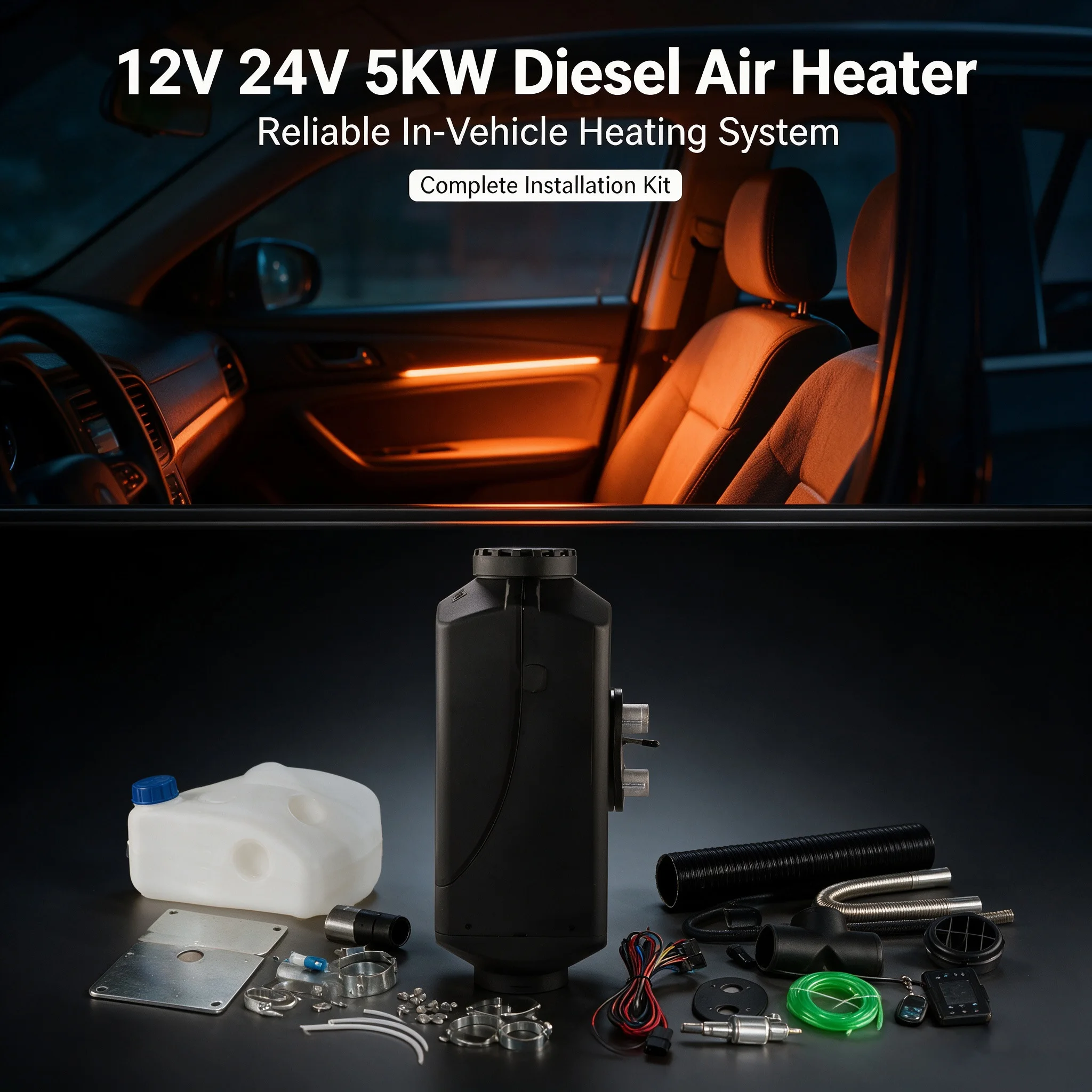 Universal 5KW 12V 24V Car Diesel Air Parking Heater Low Noise Fast Heating Heater Kit for Truck RV Bus Trailer Camper Boat Use