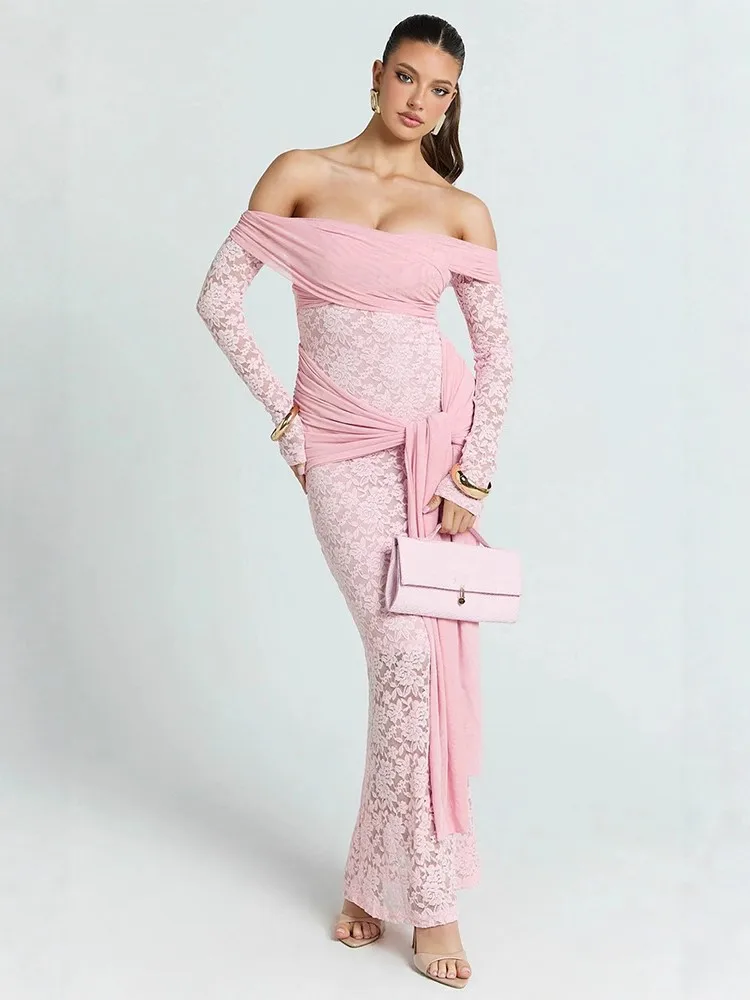 เดรสยาวทรงดินสอสีชมพู ผ้าลูกไม้ แขนยาว โชว์ไหล่ ดีไซน์เซ็กซี่ หรูหรา เหมาะสำหรับงานปาร์ตี้ยามเย็น ผ้าสเตรช กระชับรูปร่าง รุ่นใหม่ล่าสุด ปี 2025