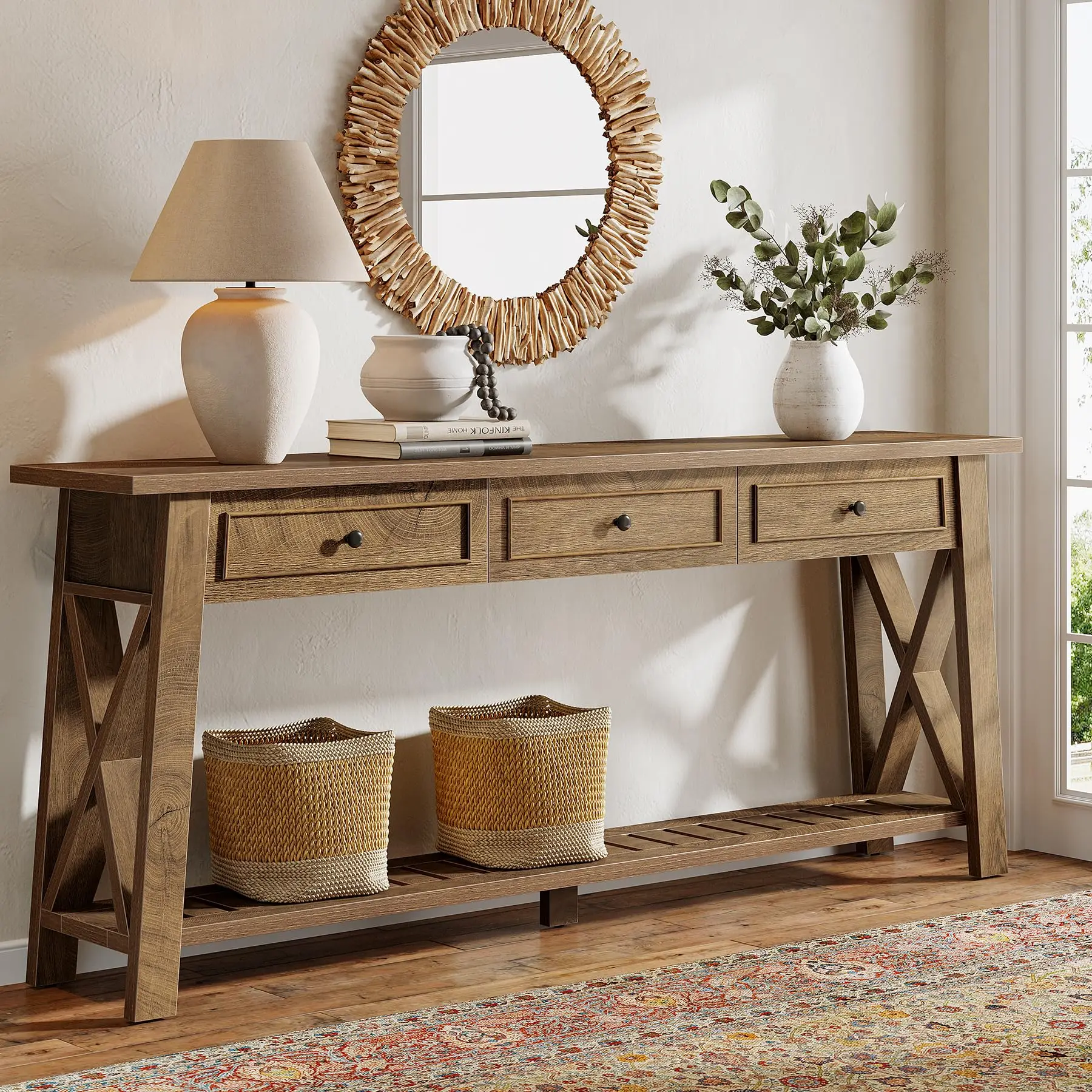 Console Table with 3 Storage Drawers, 70.87 Inches Extra Long Sofa Table Behind Couch with Bottom Shelf, Farmhouse
