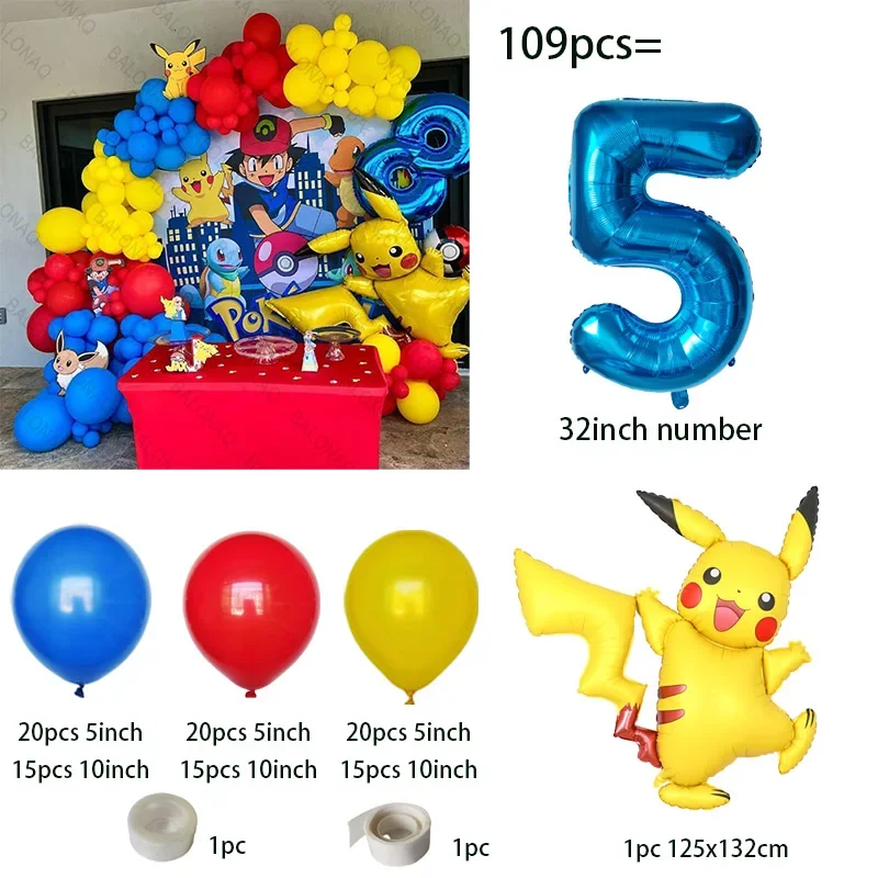 109 Stück Pokemon Pikachu Thema Geburtstagsballon Stehend Pokemon Babyparty Globos Kinder Erster Geburtstag Dekorationszubehör