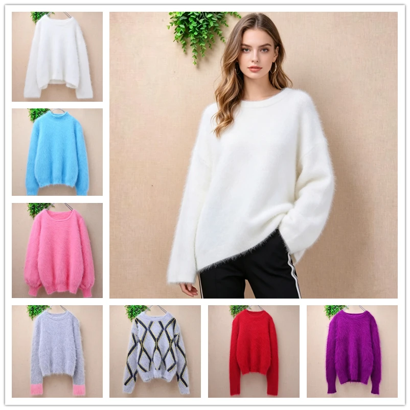 

Ladies Women Autumn Winter Clothing Hairy Soft Angora Rabbit Hair Knitted O-Neck Long Sleeves Slim Mink Sweater Jumper Pull Tops