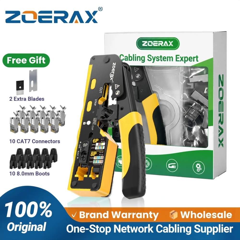 ZoeRax Pass Through RJ45 Crimp Tool with 10PCS Cat7 Connectors and Strain Relief Boots, Ethernet Wire Cutter Crimper