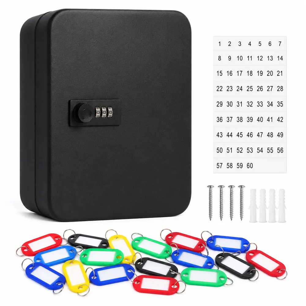 3-Digit Combination Lock Key Box, Wall-Mounted Metal Key Box with 60 Colored Key Tags and Numbered Labels, Easy to Install.