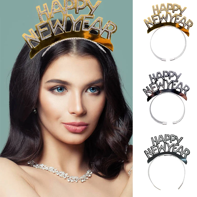 5Pcs Happy New Year Letter Glitter Sequin Hair Hoop Adult Children Headband New Year Party Props Paper Hairbands Headpiece Decor