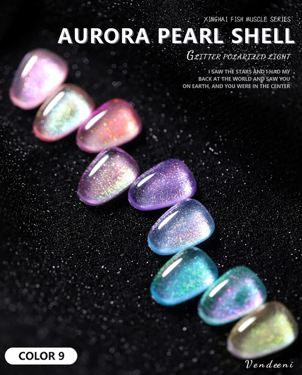 Vendeeni 9 Farben Perlmutt-Farbgel-Nagellack Glänzender Aurora-Effekt UV-Soak-Off-Gel-Lack Meerjungfrauen-Gel-Lack für Nagelkunst – Detail 1