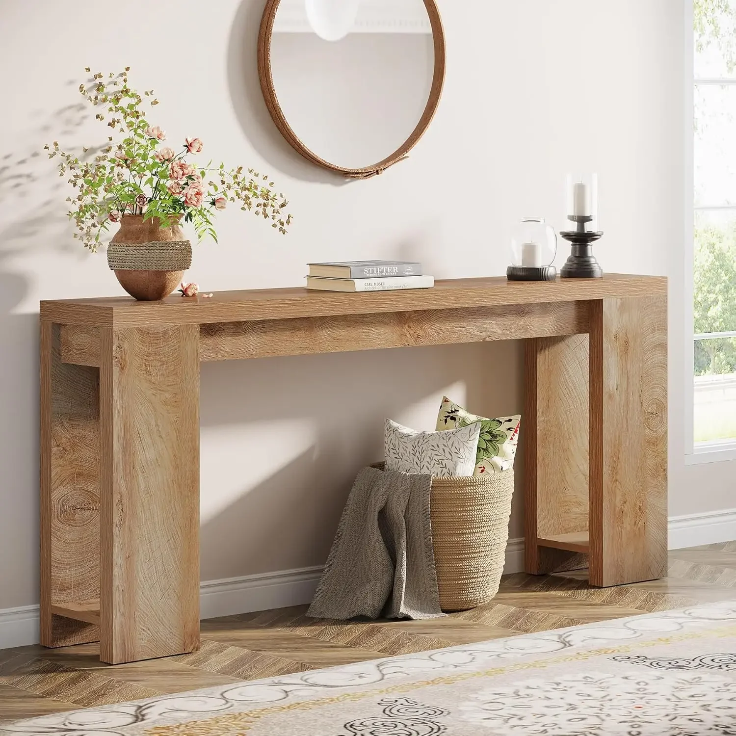 Farmhouse Wood Sofa Table Behind Couch, Narrow Entryway Accent Table for Living Room, Hallway, Entrance, Foyer, Light Oak Brown