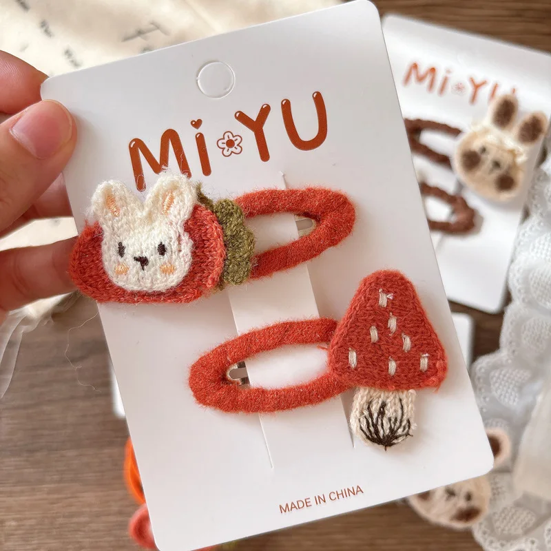 الشتاء متماسكة مقاطع الشعر الحيوان مجموعة 2PCS لطيف الأرنب الفطر تصميم طفل الفتيات العلاقات الشعر لينة لا زلة إكسسوارات الشعر #2