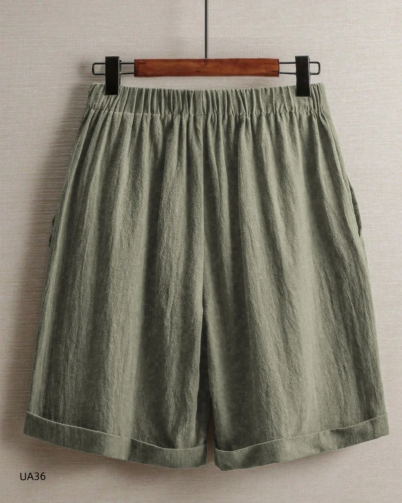 Summer Breathable Linen Womens Shorts Big Patch Pockets Elastic Waist Cuffed Hem Daily Casual Short Pants