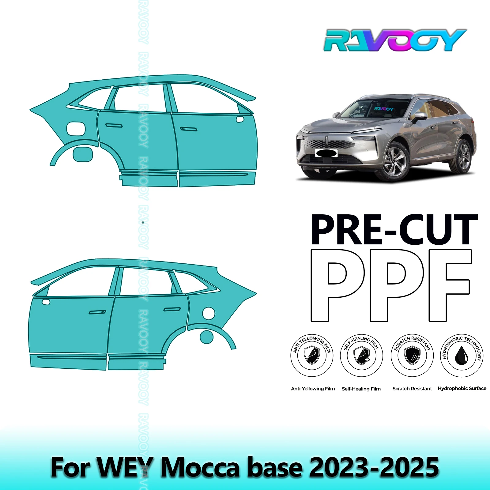 

For WEY Mocca base 2023-2025 8.5mil Clear Matte Pre-Cut PPF Door & A/B Pillar Kit TPU Paint Protection Film Set