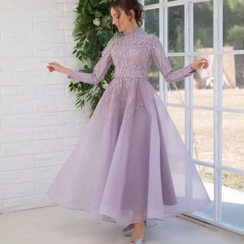 Lilac Islamic Beading Prom Dresses Ankle Length Sequin Muslim Party Gown Lace Up Back Organza Vestidos De Soirees Long  Sleeve