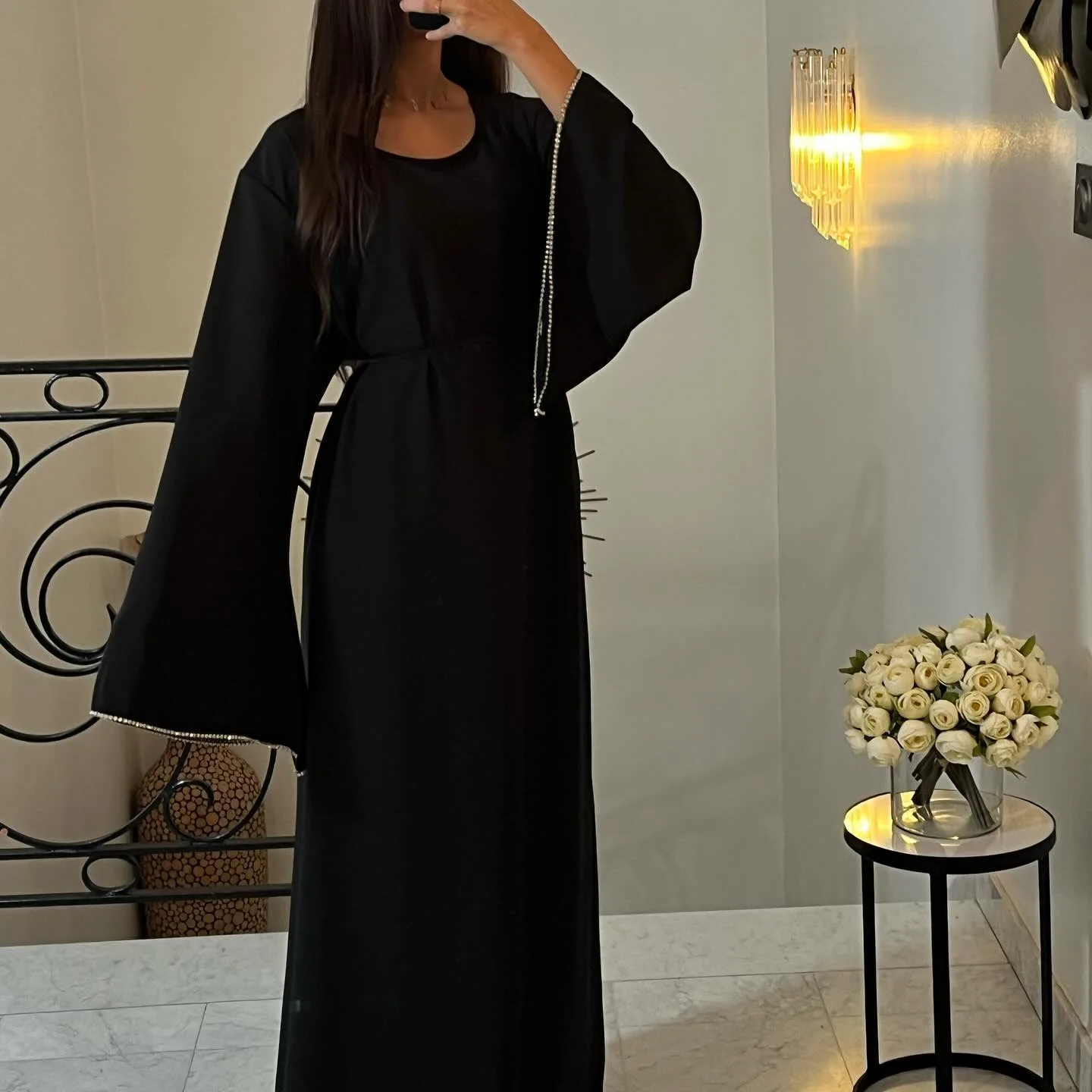 Ramadan Eid Diamond Long Sleeve Djellaba Muslim Dress Dubai Fashion Abaya Thin Muslim Robes Islam Robe Women Satin Long Dress