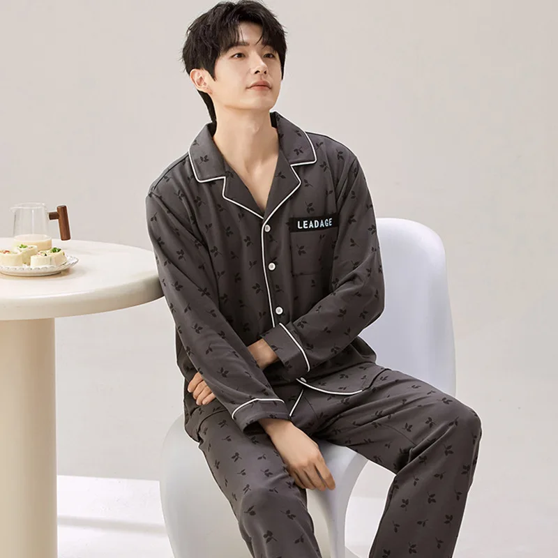 

L-3XL Plus Size 100% Cotton Pajamas Set for Man Autumn Winter Long Sleeve Men Elegant Luxury Pajama Casual Loungewear for Boy