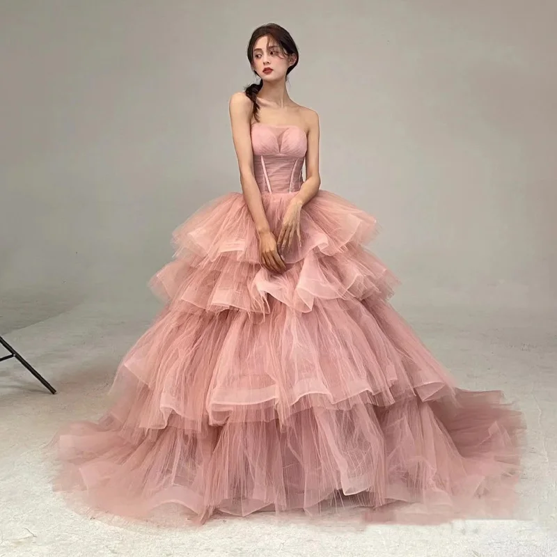 

It's Yiiya Evening Dress Pink Pleat Tulle Strapless Tiered Lace up Princess Floor Length Plus size Women Party Formal Gown A3099