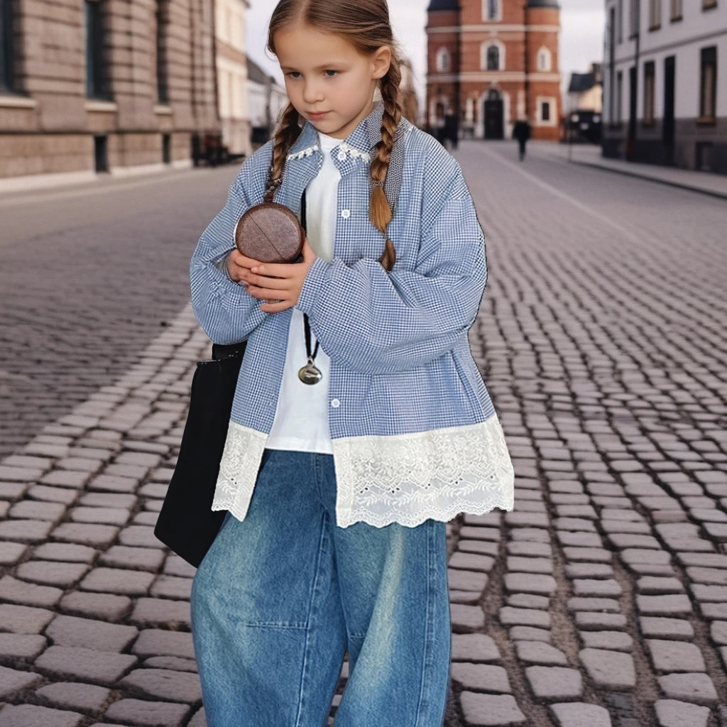 

Синяя клетчатая рубашка для девочек-подростков, стильная блузка с длинными рукавами и кружевной отделкой, модный осенний топ для детей, повседневная универсальная детская одежда