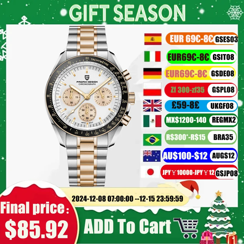 

2024 New PD1701PAGANI DESIGN Gold Luxury Mens Watches Quartz Watch For Men Chronograph AR Sapphire Mirror Waterproof Clock Gift