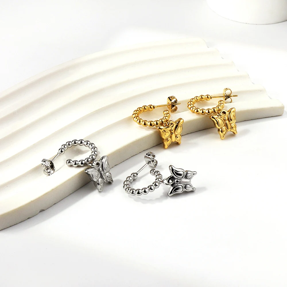 Stainless Steel Beaded Hoop Butterfly Dangle Earrings Gold Color Puffy Butterfly Charm Drop Earrings for Women Fashion Jewelry