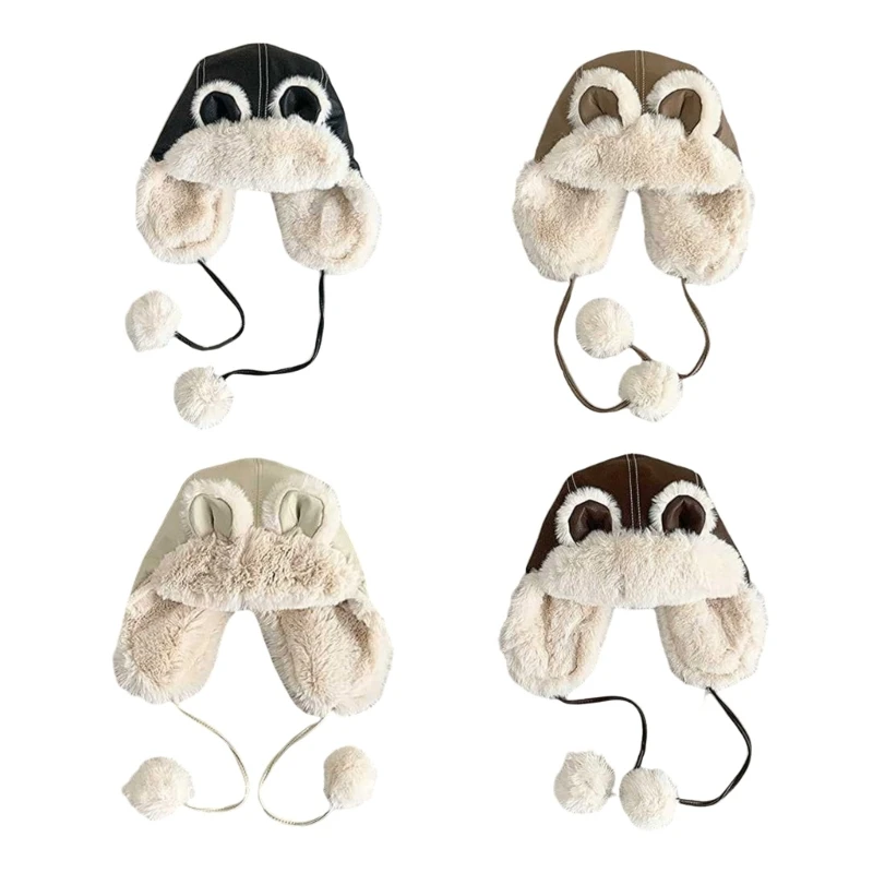 

Kids Winter Earflap Hat Bear Ears Designs Winte Warm Hat PU Leather Windproof Warm Lining Adjustable Strap Ages 6 to 12