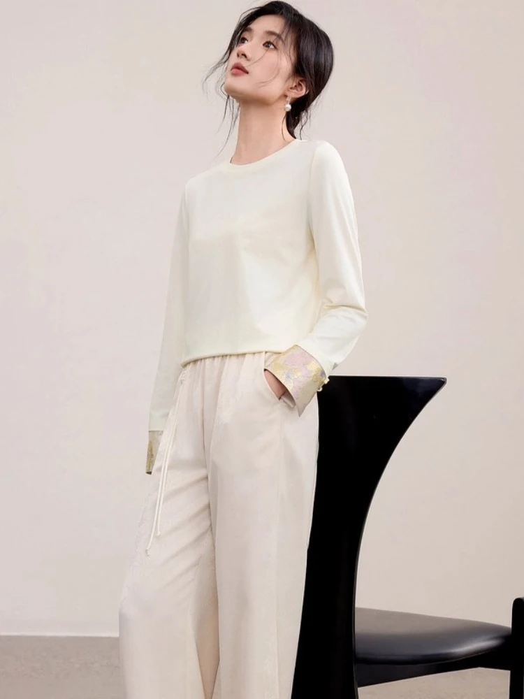 SENTUBILA Damska koszulka z długim rękawem w stylu chińskim, nowość na jesień 2025, okrągły dekolt, łączona żakardowa morelowa bluzka damska 153TM3149