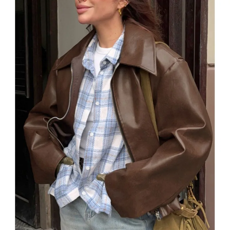 Fashion Leather Bomber Jackets For Women 2025 Autumn Winter Jackets With Zipper Ruched Demi-season Jacket Female Streetwear Coat