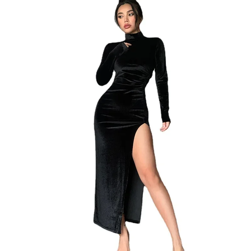 

2025 New Autumn Winter Women's Velvet Long Sleeve Ruched Midi Dresses Side Slit Bodycon Sexy Streetwear Party Elegant Club Dress