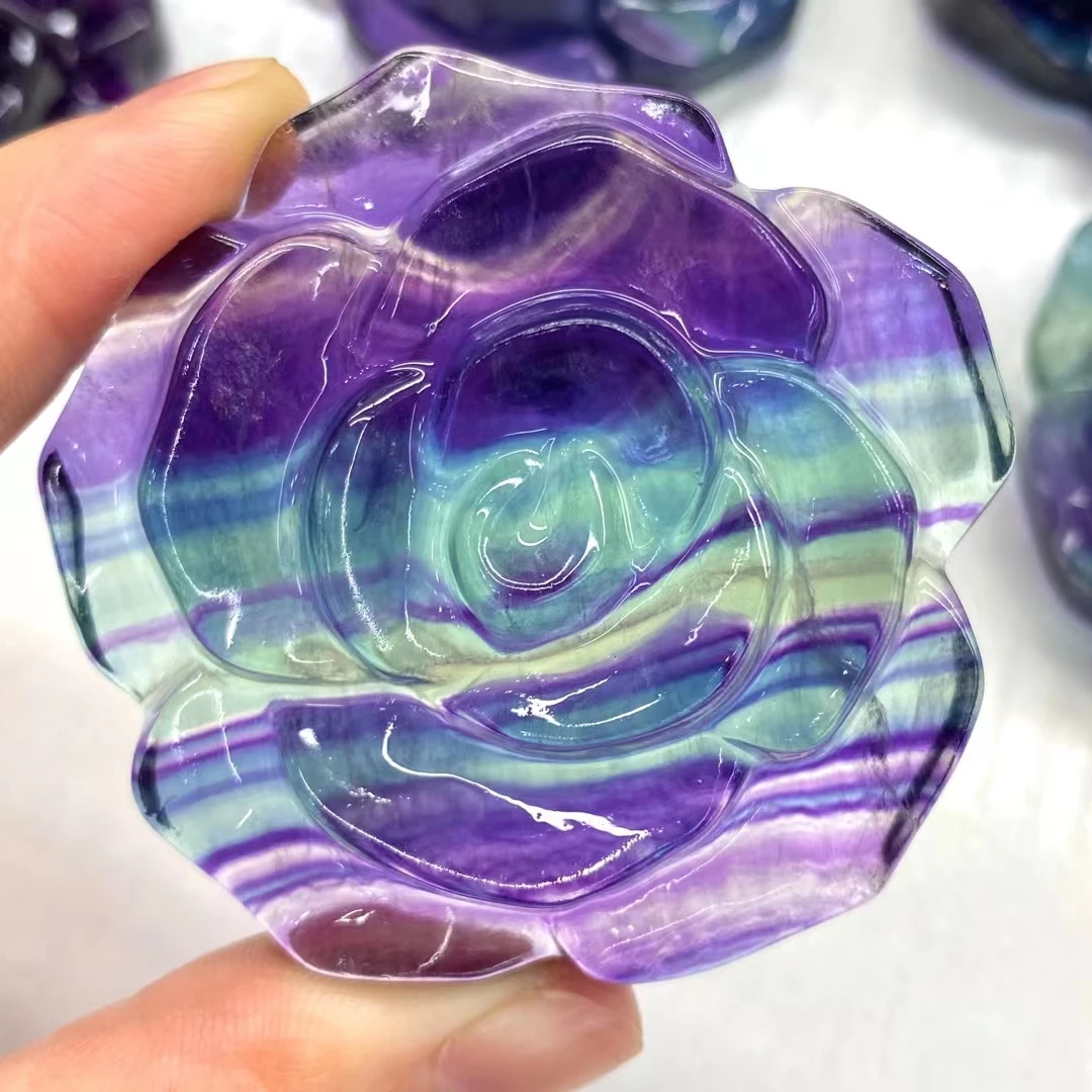 Natural Colorful Fluorite Rose Flower Hand Carved Crystal Healing Stone Quartz Crystals Decorative