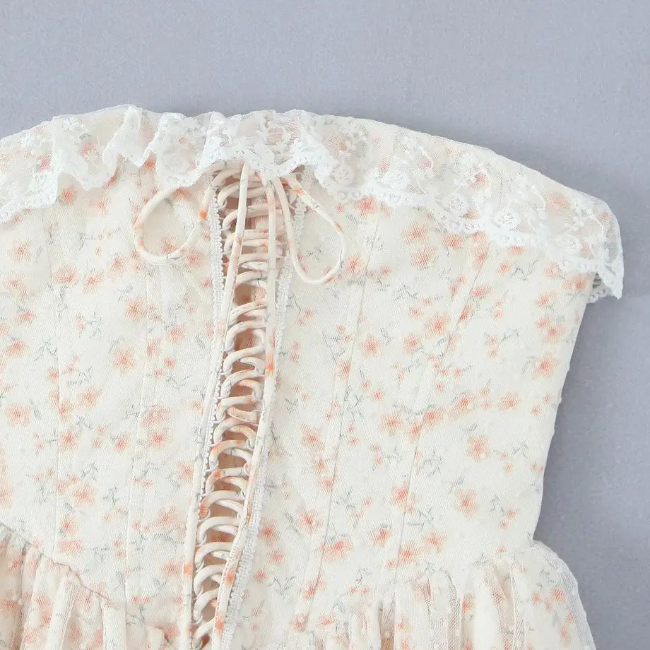 Pretty Girl Floral Print Mesh Strapless Mini Dresses Women Front Lace Up Bandage Birthday Party Dress French Bridesmaids Robe