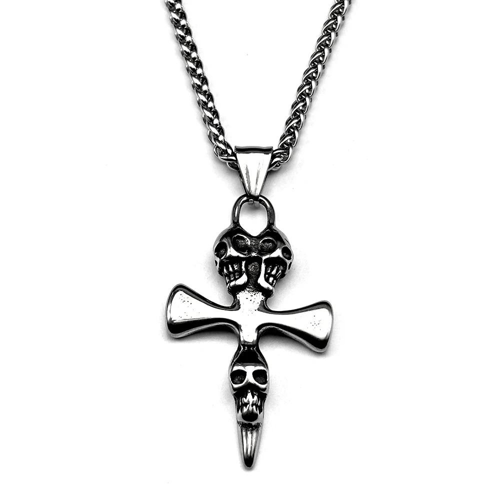 Modische Totenkopf-Kreuzkette für Damen und Herren, Edelstahl, schwarz, Dark-Punk, Heavy-Metal-Anhänger, Halskette, Schmuck, Geschenke – Detail 5