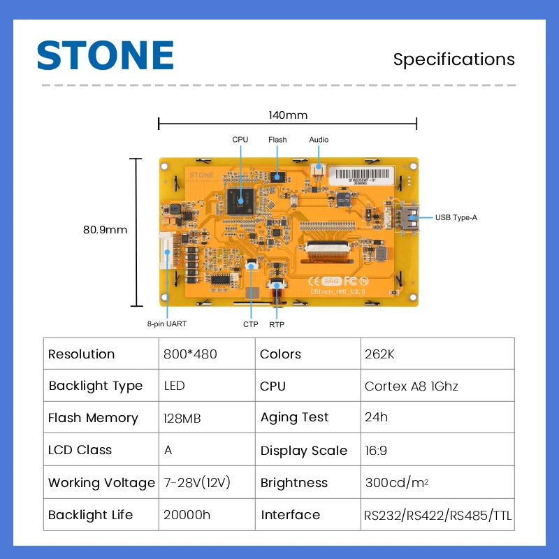 STONE C 5.0 inch Industrial TFT LCD HMI Display with Resistive Touch Screen 800×480 for Arduino Nano Uno r3 128MB Flash Memory