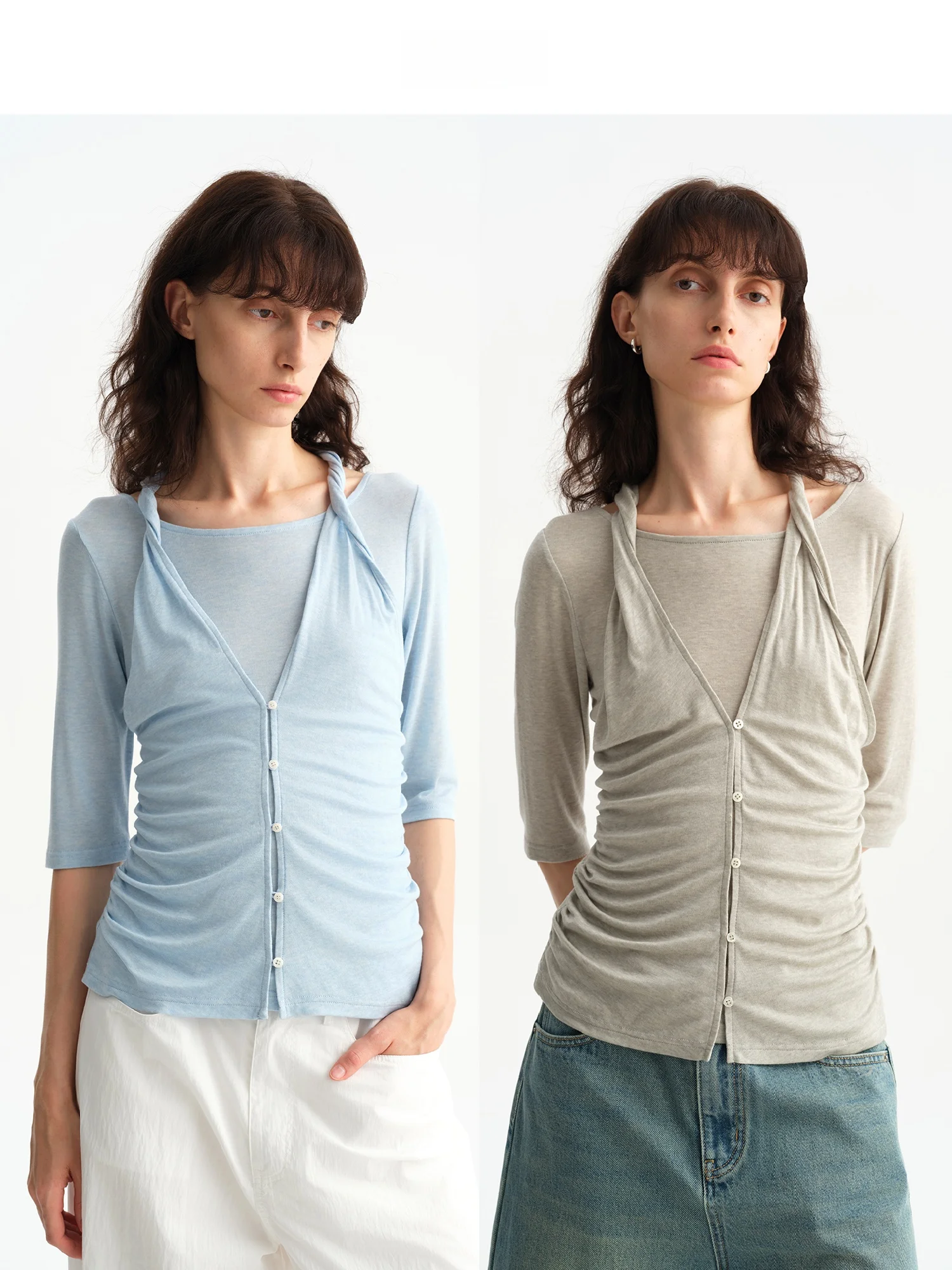  Wool Neck Hanging Knitted Top mid Sleeve Base Layer Sun Protection Fake Two-Piece Knitted Upper Apparel for Women