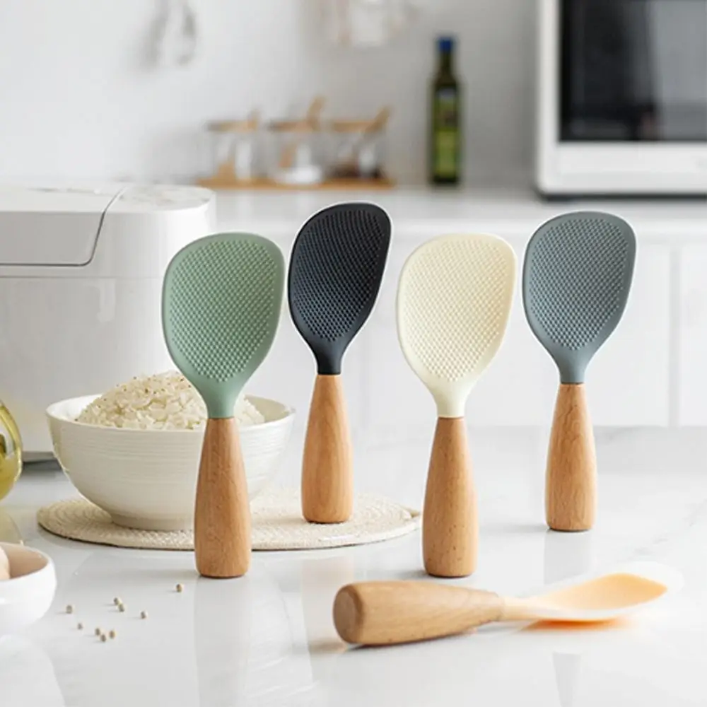 

Silicone Rice Spoon Anti-scalding Non-Stick Rice Paddle High Temperature Resistant Wooden Handle Spatula Kitchen Cooking Tool