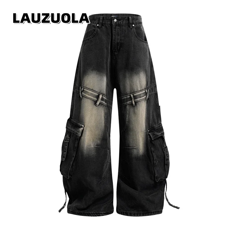 

2026 New Fashion Wide Leg Jeans Ladies Multi Pocket Baggy Cargo Jeans High Street Vintage Washed Denim Pants
