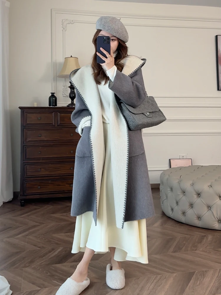 

Длинное шерстяное пальто с вышивкой, женское двустороннее пальто, шляпа, корейское пальто для поездок на работу, однотонное пальто из австралийской шерсти