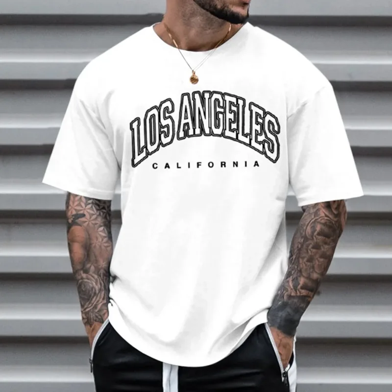 Los Angeles Letters Printed T-shirt Fashion Men\'s Europe and The United States Retro Style Short-sleeved Large Size T-shirt