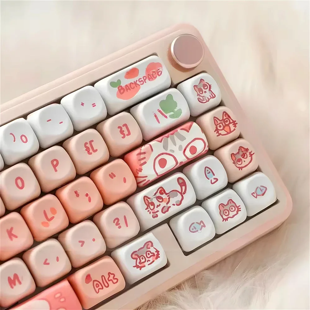 Pink Cat MOA Keycap Set PBT Cute Cartoon 132 Keys for 60/64/84/98/108 Mechanical Keyboard MX Switch