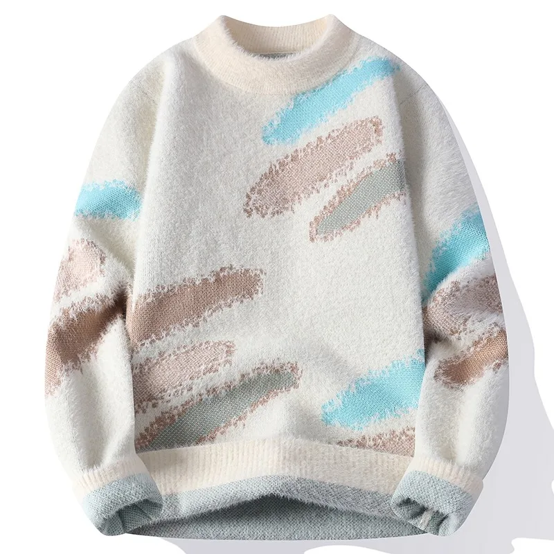 

Осенне-зимний пуловер контрастного цвета, свободный свитер с буквами, мужская рубашка с круглым вырезом, мужской вязаный свитер, топ