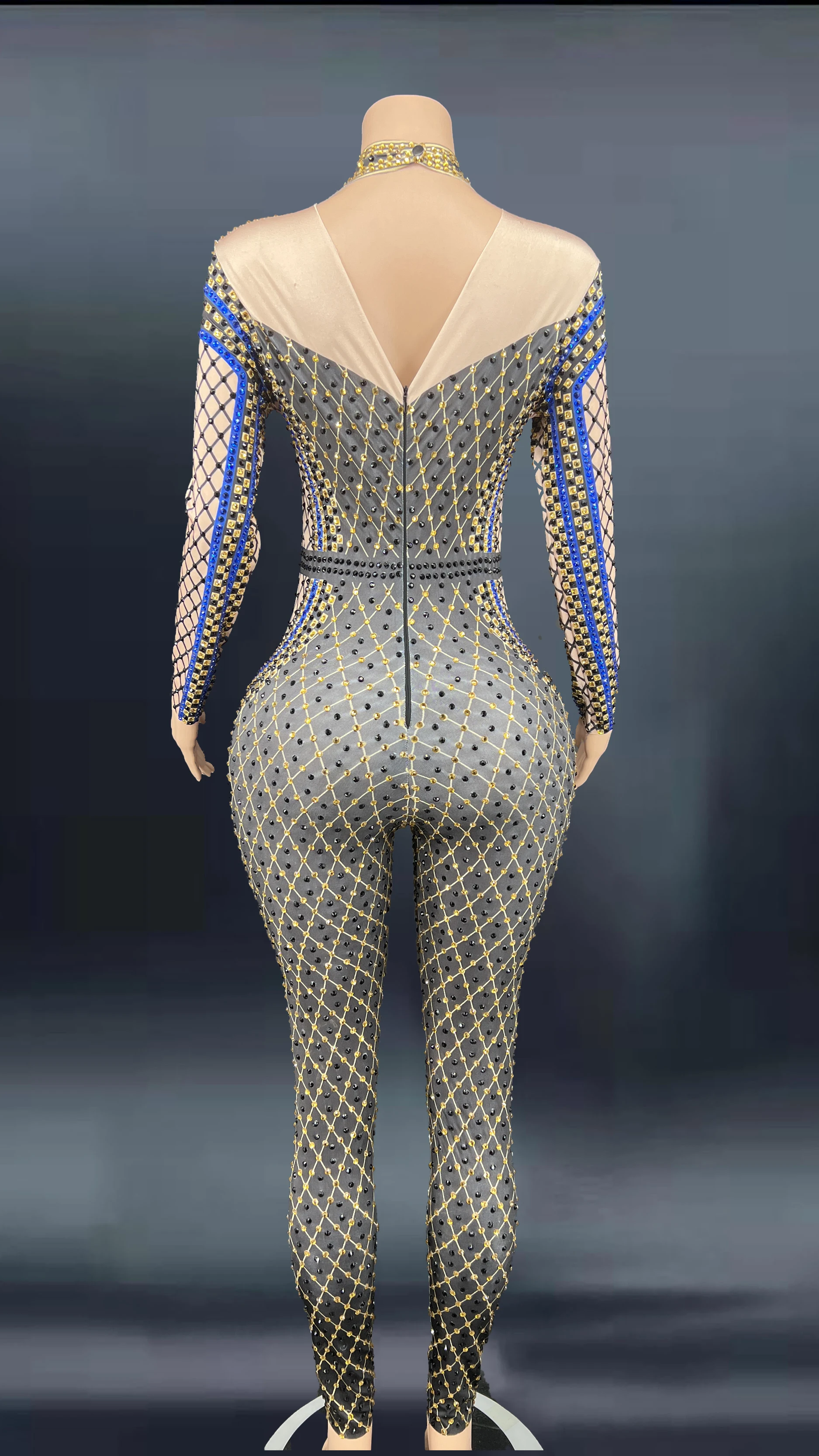 Women Sexy Crucifix Jumpsuit Blue Sparkle Crystals Bodysuit Nightclub Birthday Party Performanc Stage Wear Bling  plus size