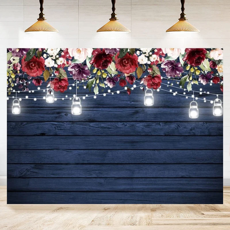 Floral Navy Wood Photography Backdrop For Bridal Shower Wedding Birthday Party Decoration Background Rustic Blue Wood Jars